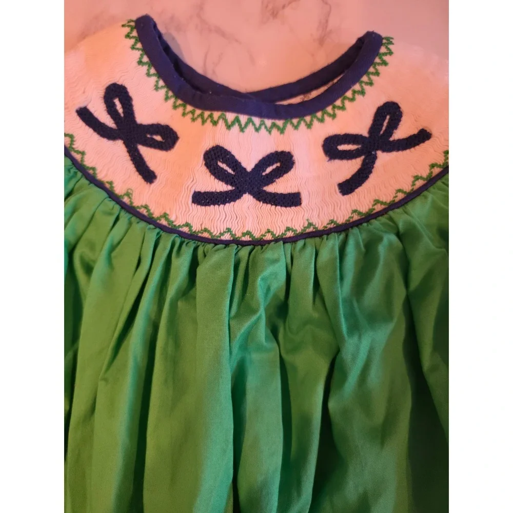 The Bella Bean Green Smocked Bishop Dress Navy Bows Long Sleeve 2T